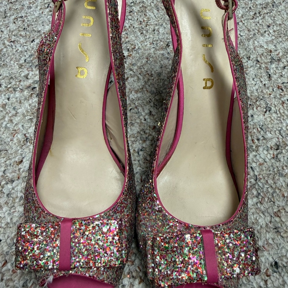 Unisa Multicolor Glitter Peep-Toe Slingback Heels with Pink Trim